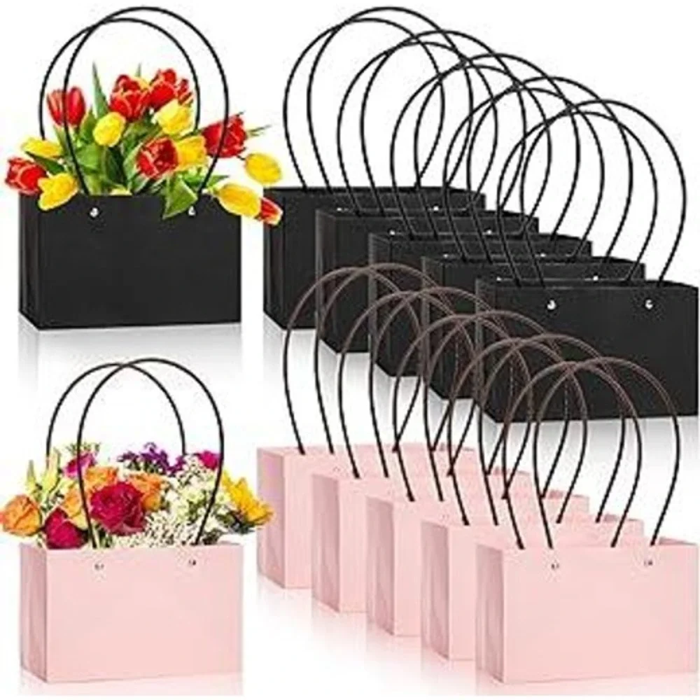 24 Pcs Flower Gift Bags Set‎ Black and Pink Matte Paper Bouquet Totes w/ Handles
